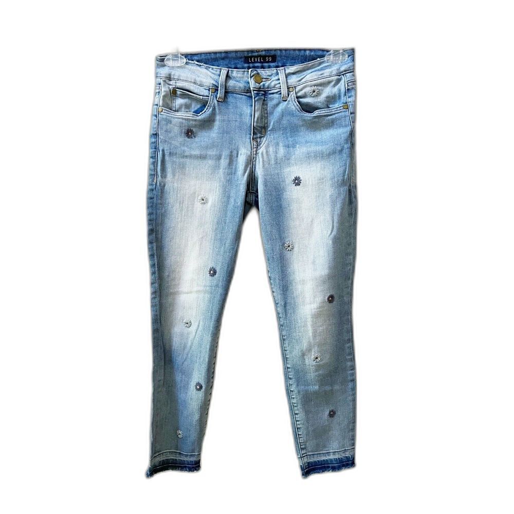 AnthropologieLevel 99 Embroidered Flowers Denim Jeans Women’s 27 Boho, Raw Hem